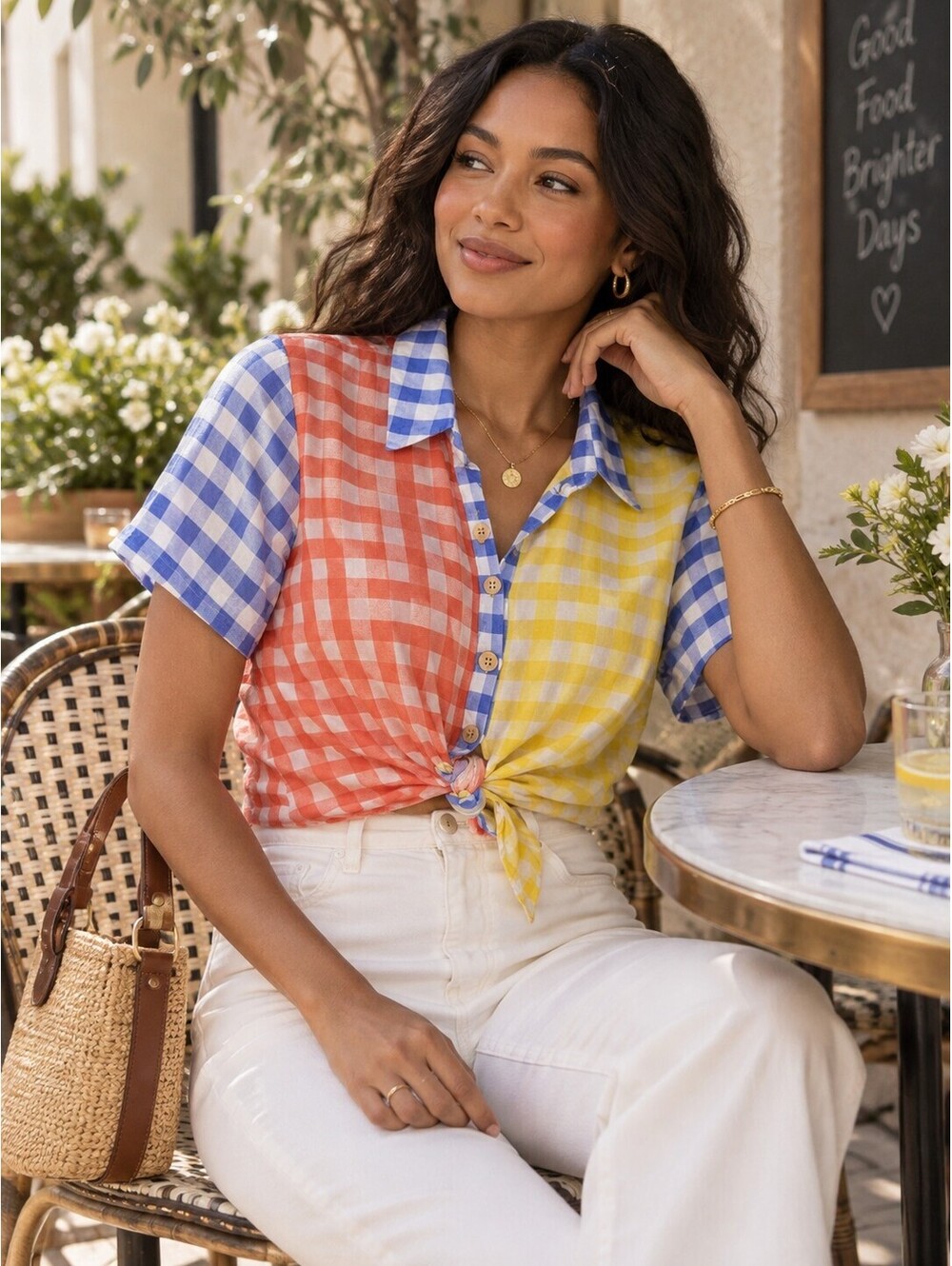 FARM Rio for Anthropologie Mixed Gingham Linen Blend Short Sleeve Top M (EUC)